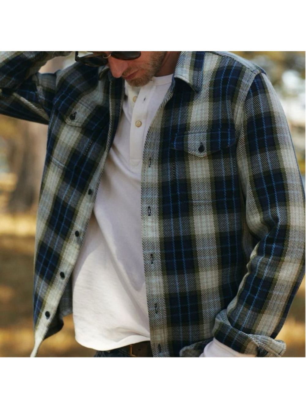Outerknown Blanket Shirt Mens L Marine Felize Plaid Organic Cotton Flannel
